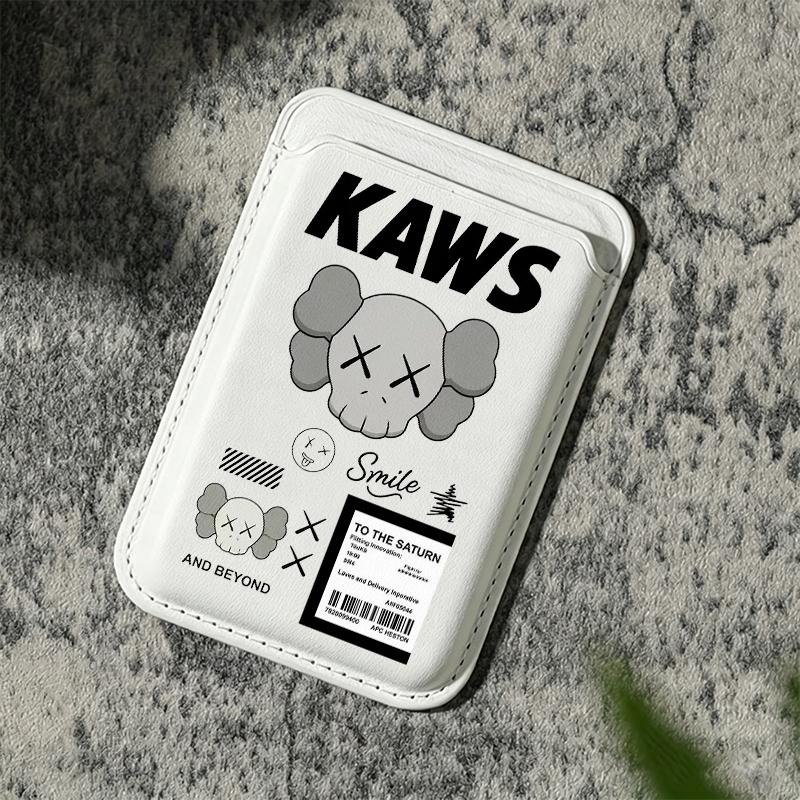 Trendy KAWS Collage Magnetic Smartphone Card Holder - Strong Polyurethane Leather Handheld Cover for iPhone 17/16/15/14/13/12, Samsung/Google/Motorola, Holds 2 Cards, Includes Free Metal Ring Adapter for Cellphone Protection, Mobile