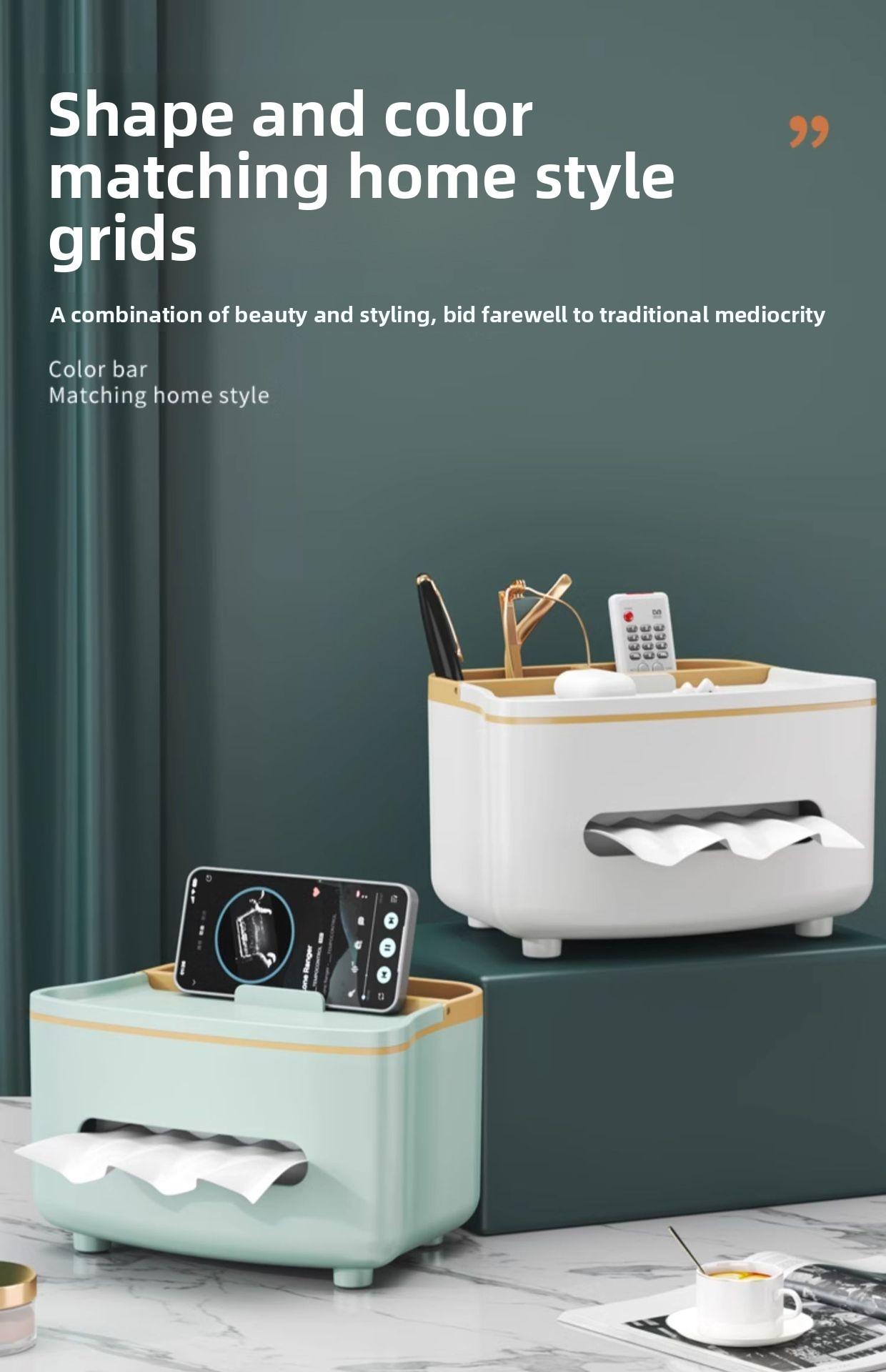 3-in-1 Remote Control Holder & Tissue Box, Tissue Dispenser with Storage Compartment, White/Mint Green - Plastic Coffee Table, Nightstand Centerpiece - Compatible with TV/Phone/DVD - Space-Saving Design, Office Organization & Storage