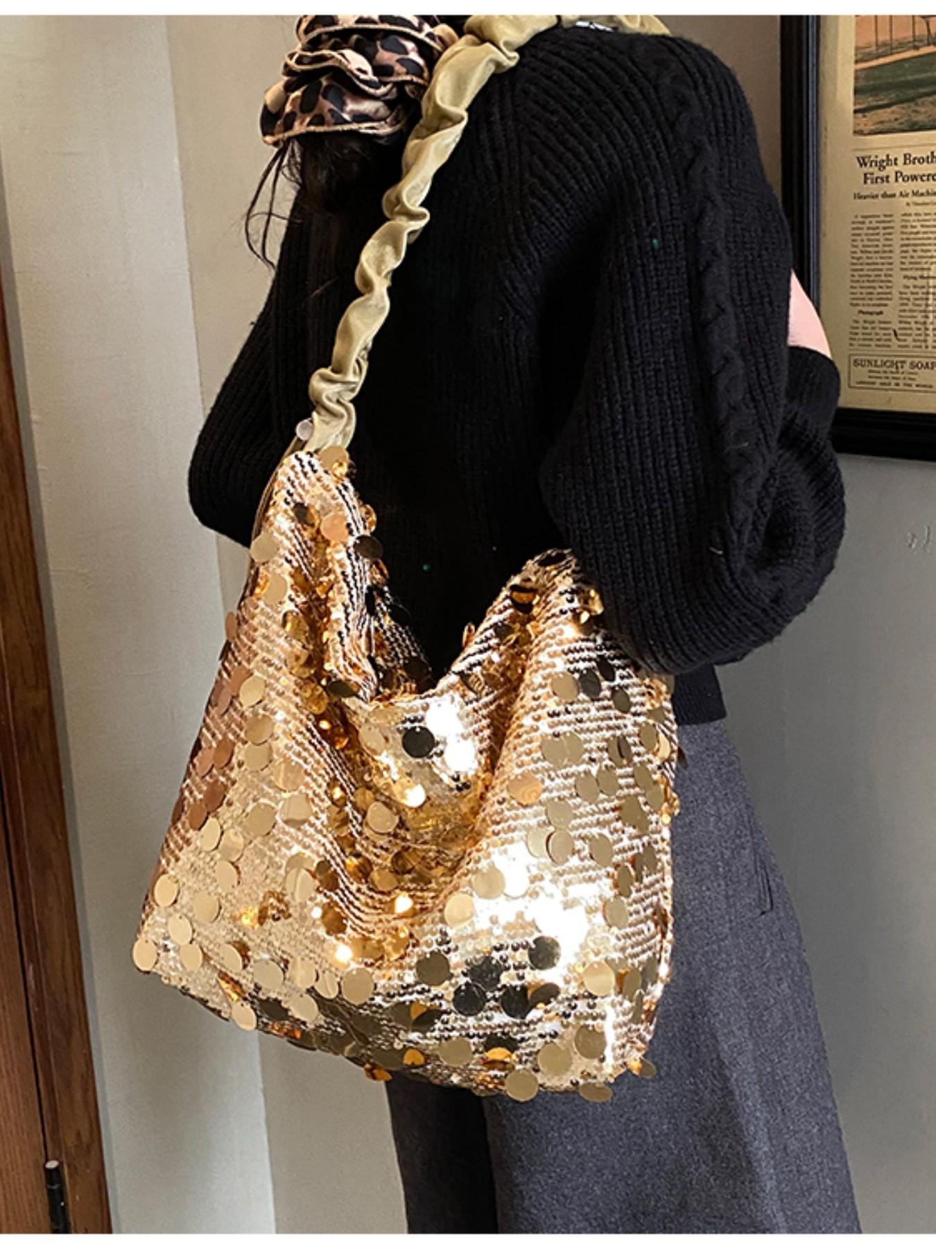 Luxury Sequined Handbag for Women, Silver Color, Large Capacity, Zip Closure, Party, Nightclub, Wedding, Concert