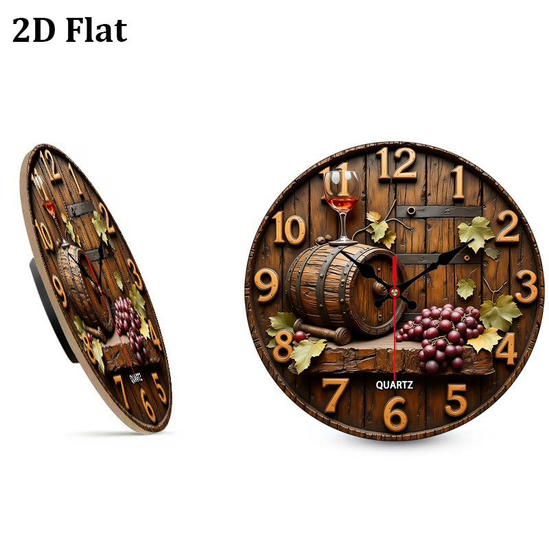 2D flat design. 1 piece set. Vintage Winery Wine Barrel Grape Wall Clock, Silent Decorative Wall Clock, Creative Wall Clock, Suitable for Bedroom, Living Room, Office Decoration, 25/30cm (excluding AA batteries), 2D Flat Version