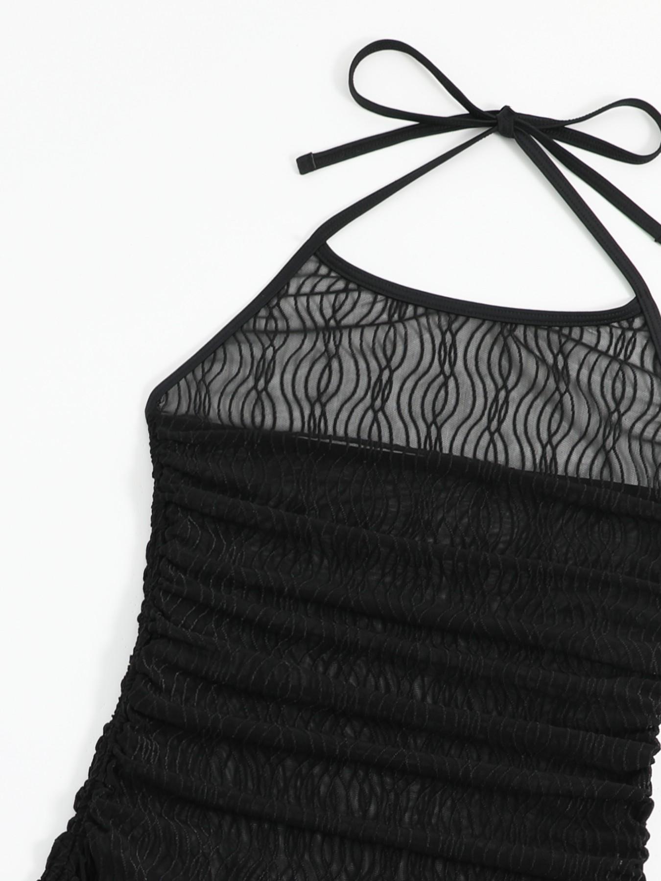 Summer Women's Transparent Halter Ruched Drawstring Tight Fit Vacation Sexy Beach Cover-Up, Sheer Cover Up, Stylish and Comfortable Summer Wear Swimsuit Cover Up, Swimwear Coverups