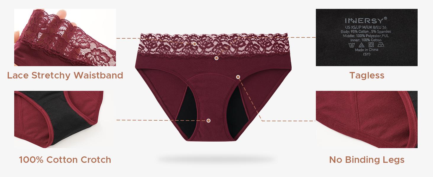 INNERSY Women's Lace Mid Waisted Cotton Period Panties 3-Pack