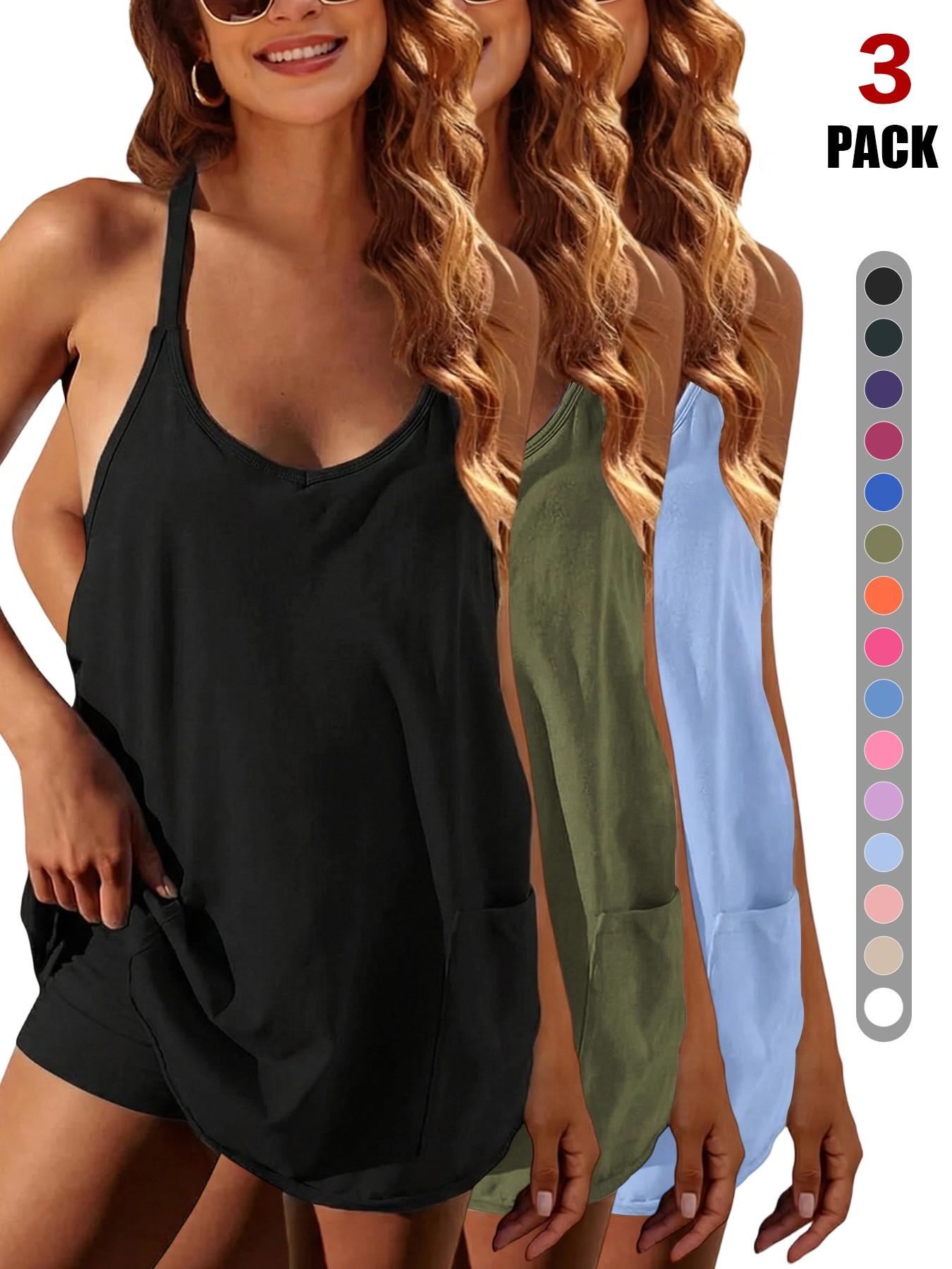Womens Workout Romper Dress with Shorts Underneath Sleeveless Spaghetti Straps Athletic Outfits Casual Vacation