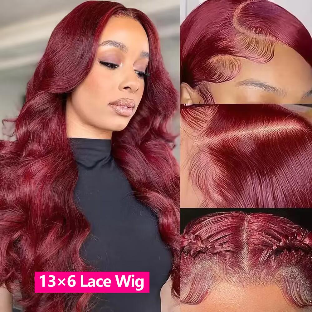 Tahikie 99j Burgundy 13x6 Colored Body Wave 13x6 HD Lace Frontal Wigs  For Women
