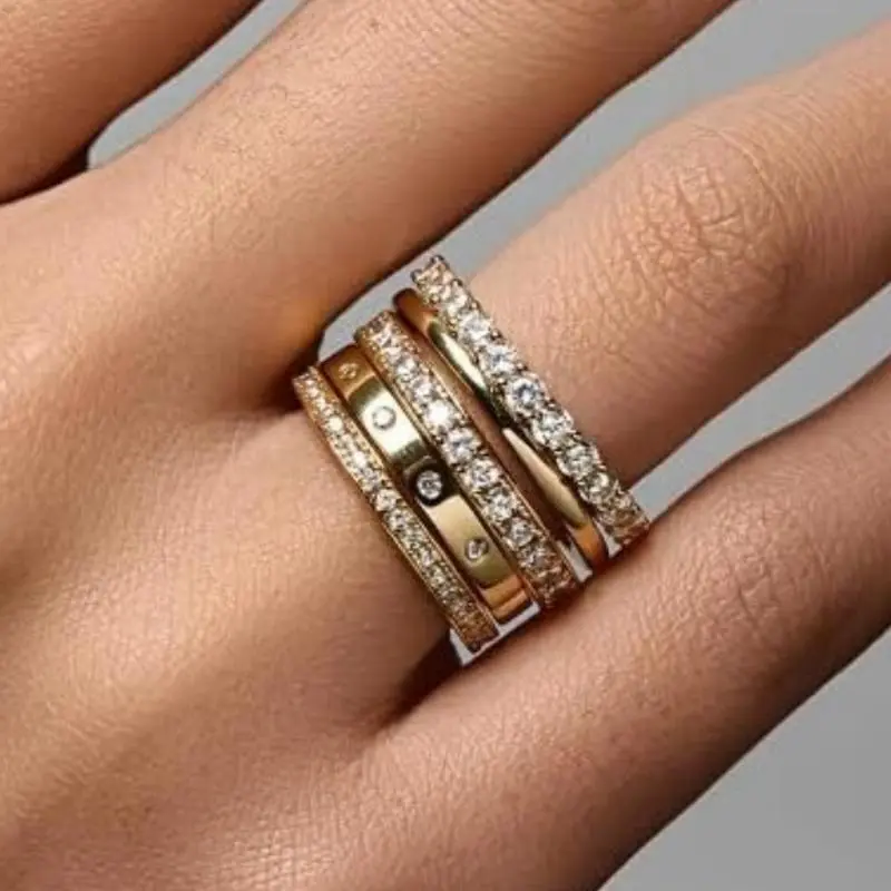 5Pcs/Set Gorgeous Shiny Eternity Stacked Ring  Ring Proposal Engagement5-Piece Glamorous Shiny  Birthstone Stackable Rings Set | Proposal, Engagement & Wedding Rings - Valentine's/Mother's Day Gift, Party Statement Piece