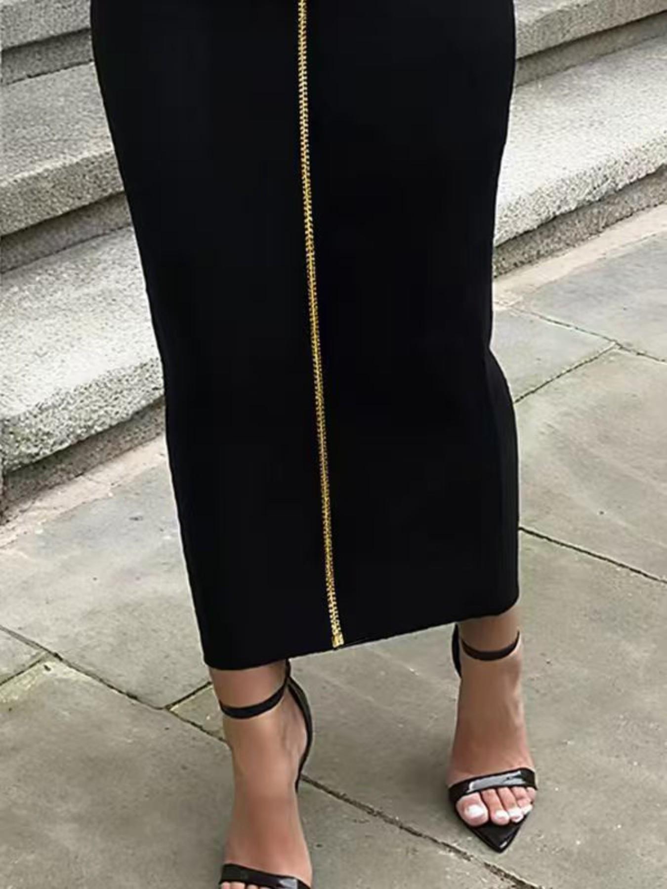 Women's High-Waisted Bodycon Skirt, Metal Zipper, Metallic, Slim-Fitting, Fitted Skirt, Long, Elegant, Chic, Office Wear, All Seasons, Plain Pattern, Womenswear