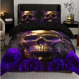 3pcs Fashion Novelty Skull Digital Print Bedding Set, Stylish Three-Piece Sheet Cover, Unique Design Home Textiles