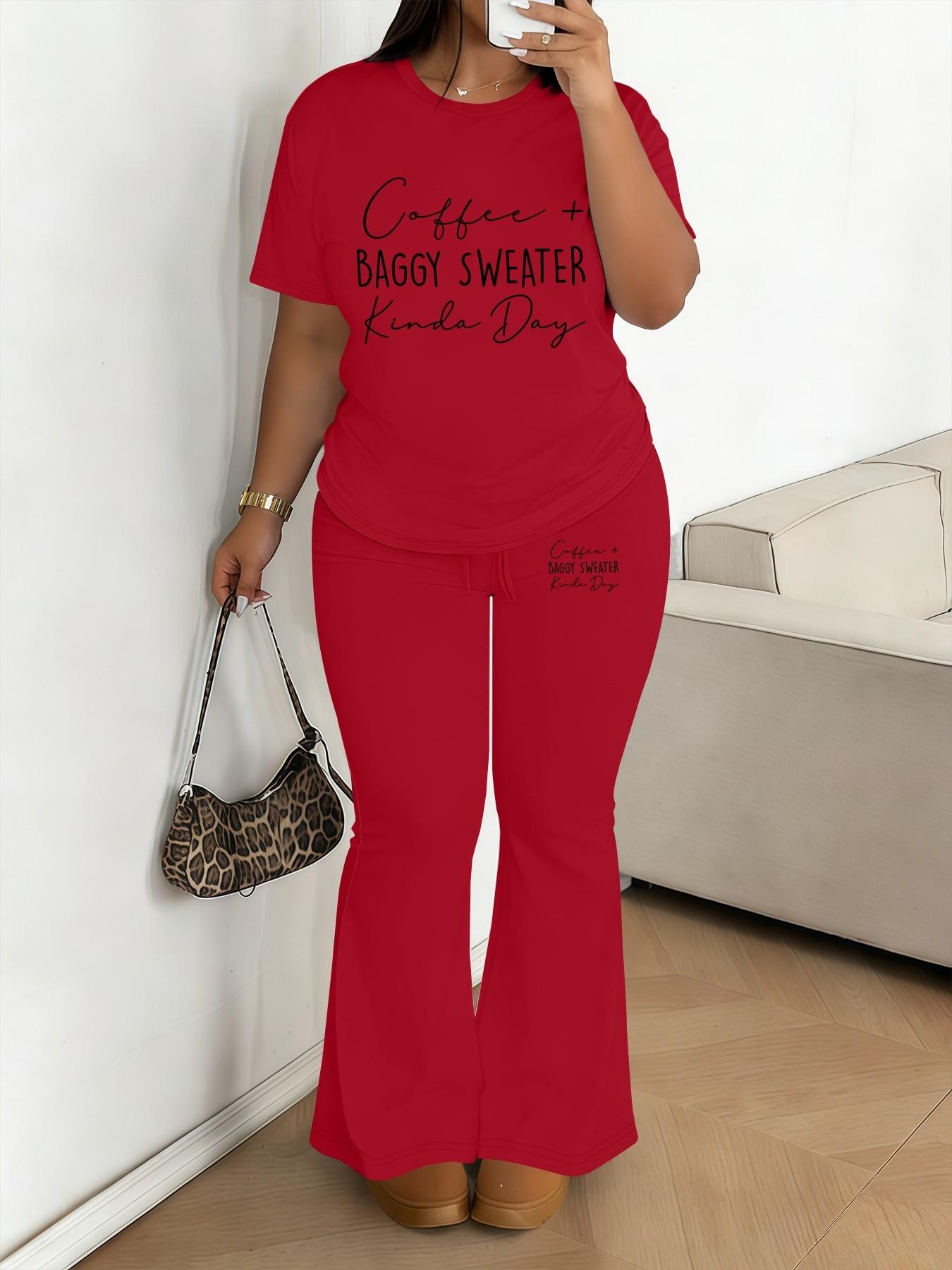 Women's Letter Print Short Sleeve Top & High Waist Flare Pants Set, Casual Loose Fit Summer, Comfortable Daily Wear