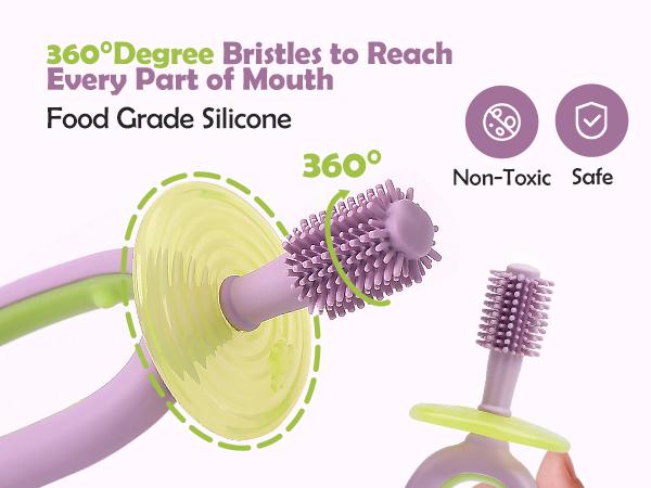 360° Baby Toothbrush with Suction Base,Toddler 12 Months up,Infant Oral Cleaner, Baby Tongue Cleaner,Food-Grade Silicone,Adjustable Safety Shield Toothbrushing Cleaning