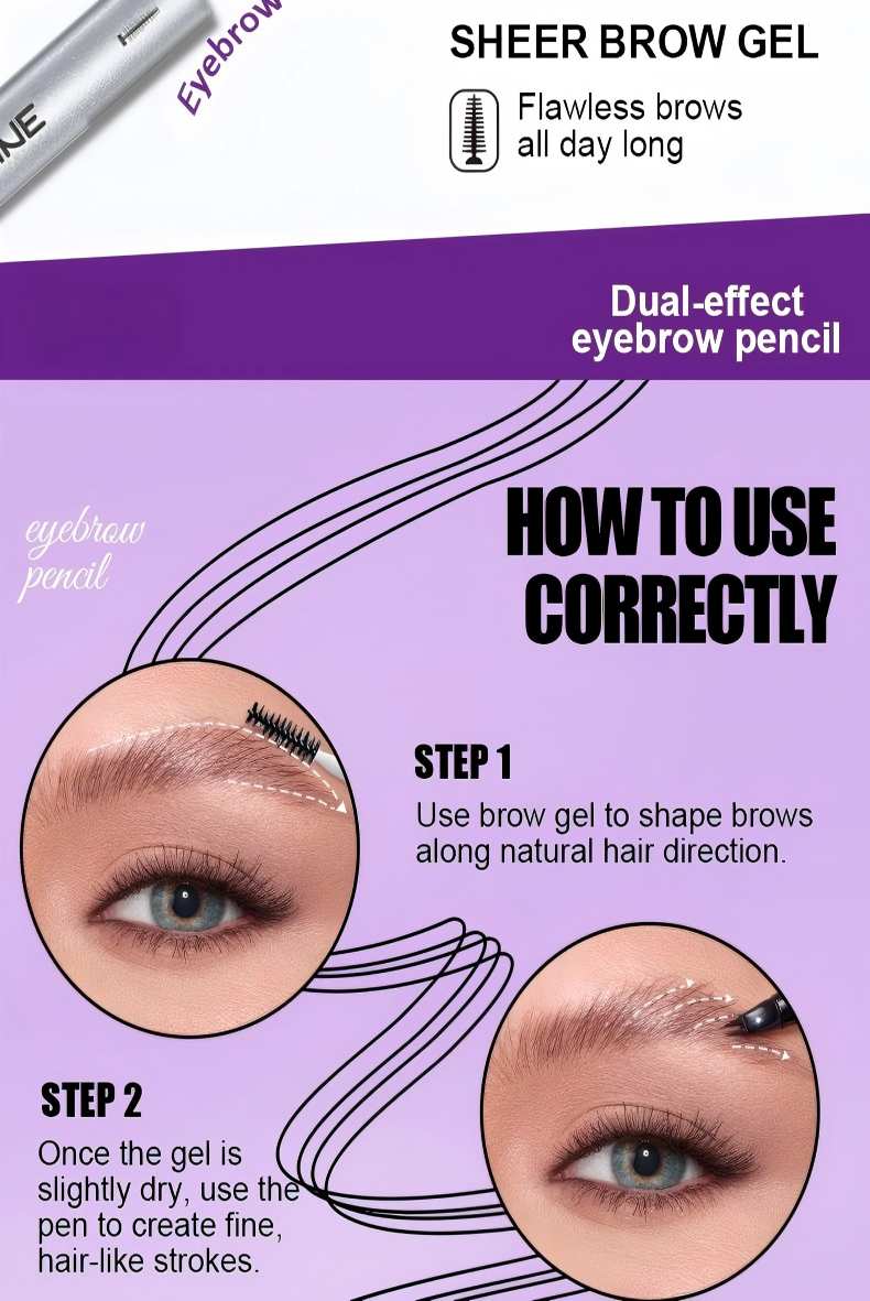 New Upgraded 2-in-1Waterproof Liquid Eyebrow Pencil Brush Set, 4 Fork Design, Long-Lasting Natural Look, Suitable for All Skin Types