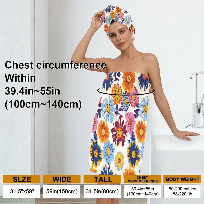 2pcColorful Floral Towel Dress for Women Strapless Post-Bath Spa Wrap Perfect for Showering Relaxation Poolside Bathroom Towel Dress with Head Wrap Adjustable Shower Wrap Towel with Home Hotel Bath Towel Nightgown for Sauna Beach Pool Gym Travel