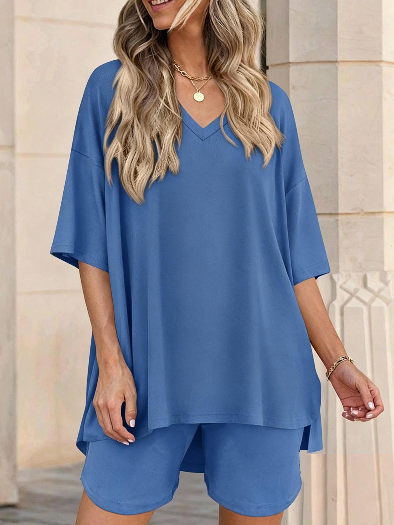 2026 Summer New Arrival Women's V Neck Solid Color Loose Shorts Pajama Set, Fashion Casual Loungewear, Comfortable Soft Sleepwear