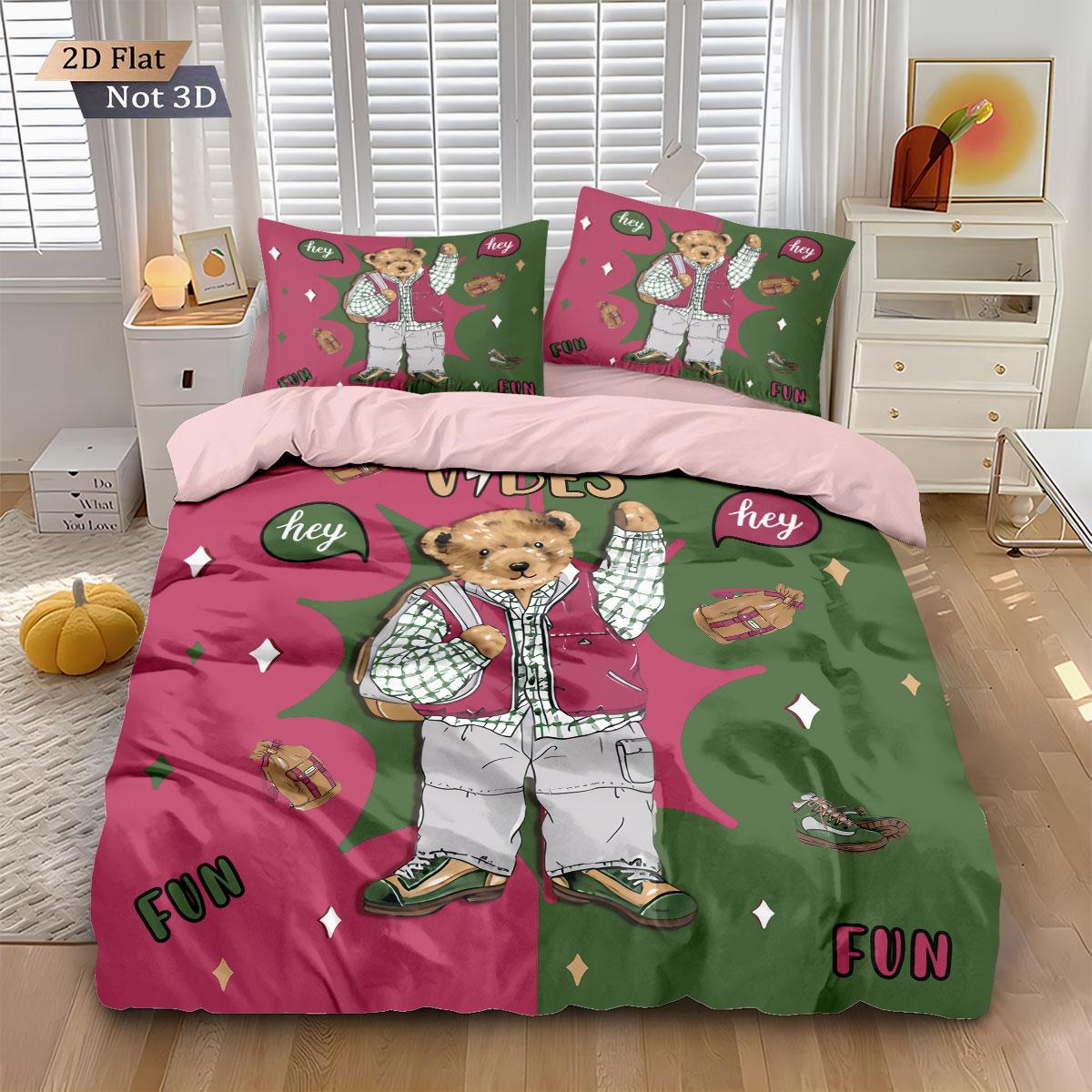 3pcs COOL BEAR Print Soft Bedding Set with Includes 1* Duvet Cover and 2*Pillowcases, No filling，Perfect for Patriotic Bedding Gift, Home Decor, Bedroom Accessories