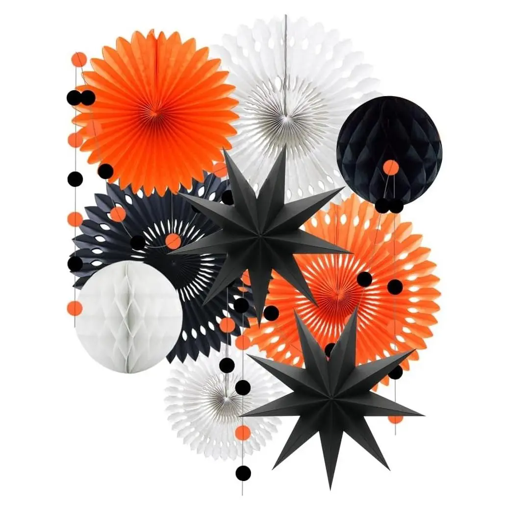 Orange White Black Vintage Halloween Party Decorations Kit - Tissue Fans, Star Paper Lanterns, Honeycomb Balls & Circle Garland for Graduation, Birthday, Baby Shower & Wedding BackdropsGift
