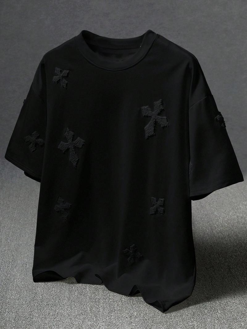 Men's Cross Stitch Embroidered Solid Color Round Neck T-Shirt, Casual Fitted Long Sleeve Top for All Seasons, Sporty College Style Men's Cross Stitch Embroidered Solid Color Round Neck T-Shirt, Casual Fitted Long Sleeve Top for All Seasons, Sporty College Style