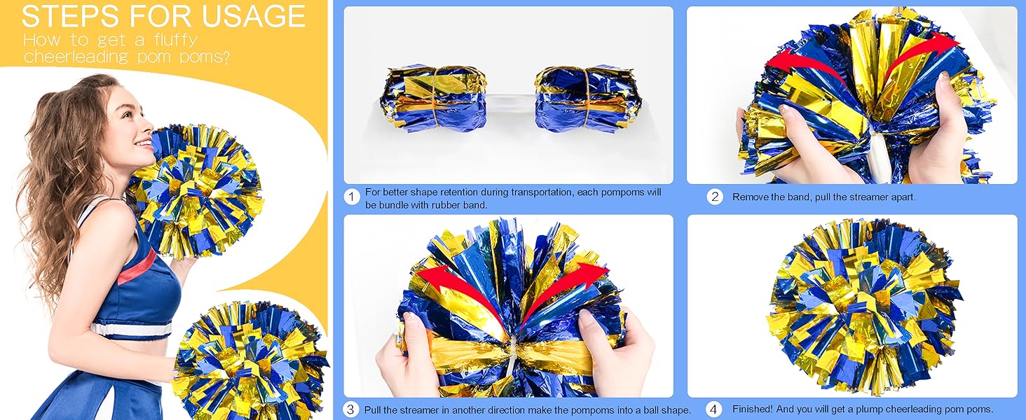 4Pcs Upgraded 12inch Metallic Cheerleading Pom Poms, Cheerleader Pompoms Cheer Poms for Kids Adults, Cheering Squad Pompoms for School Sports Games Dance Party