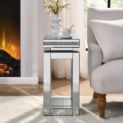 Mirror round table with crystal inlay, 2-layer modern small sofa table with storage space, silver decorative table suitable for living room, bedroom, coffee and small spaces Rectangular Tabletop White