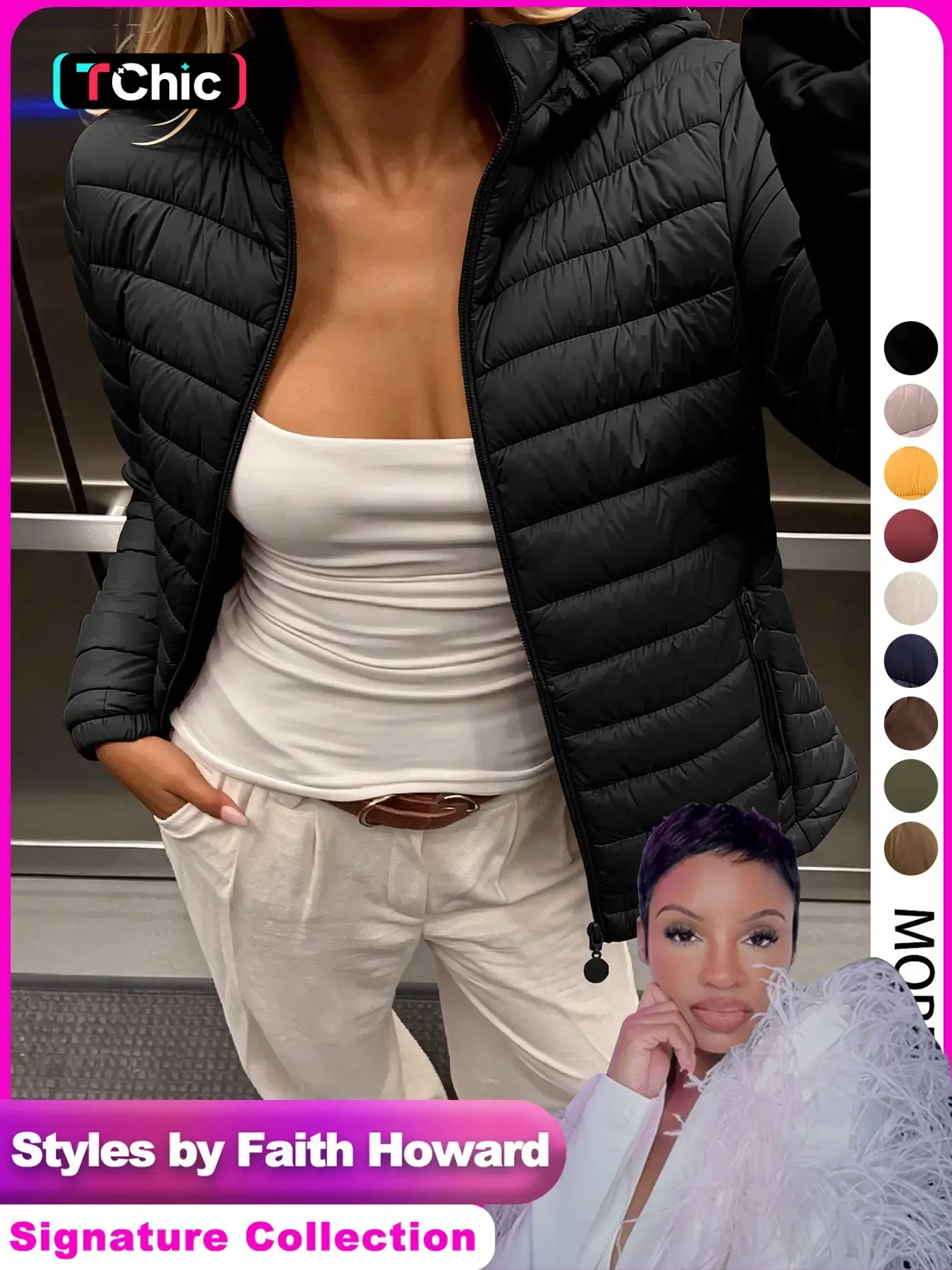 【Black Friday】Styles by Faith Howard Women's Lightweight Quilted Puffer Jacket, Fitted Full-Zip Design with Side Pockets for Fall and Winter