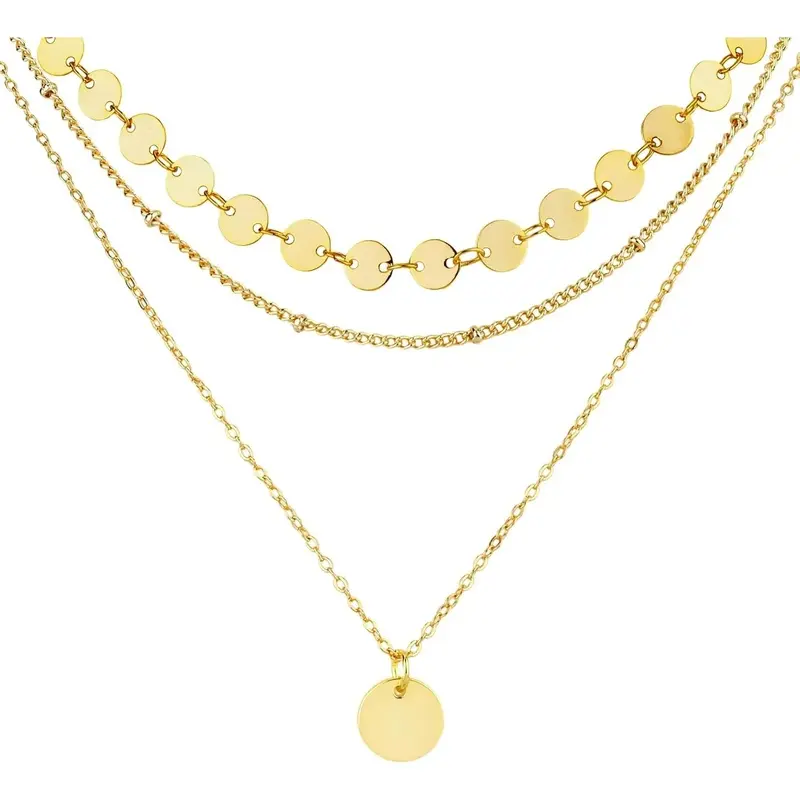 3Pcs Layered Necklaces for Women, 18K Gold Plated, Coin Pendant Stackable Necklace Set, Adjustable Chain Jewelry