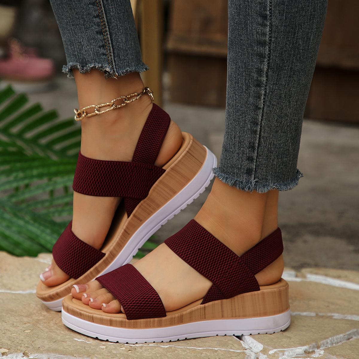 Minimalist Stretchy Strap Slingback Wedge Sandals, Layer Platform Everyday Summer Footwear for Women, Strappy Wedge Sandals