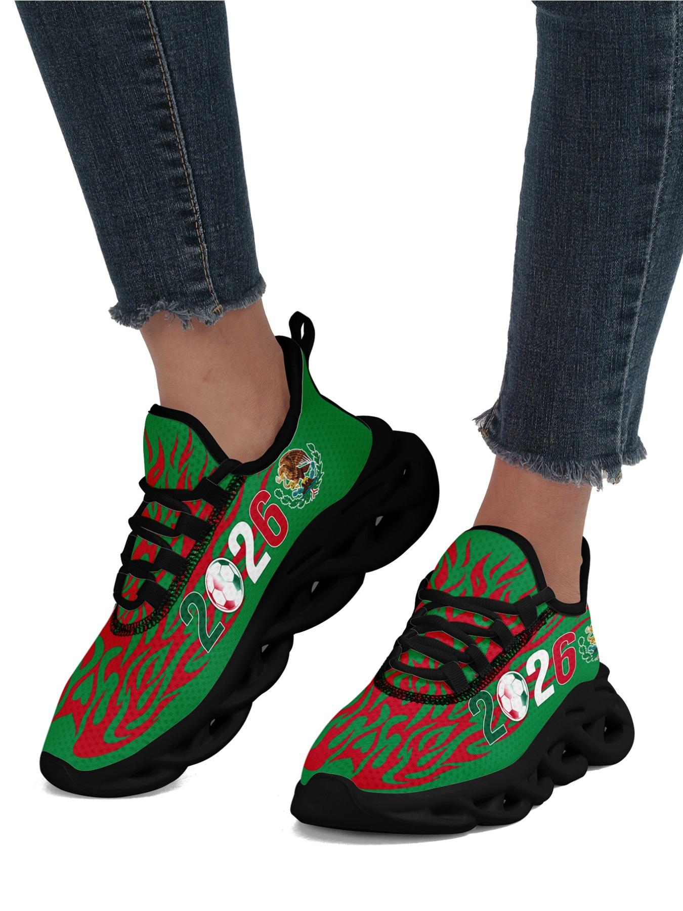 Men's Mexico 2026 Green Red Flame Soccer Eagle Print Sport Shoes, Wide Fit, Plus Size, Trendy Casual Sneakers for Daily Walking, Gym & Outdoor