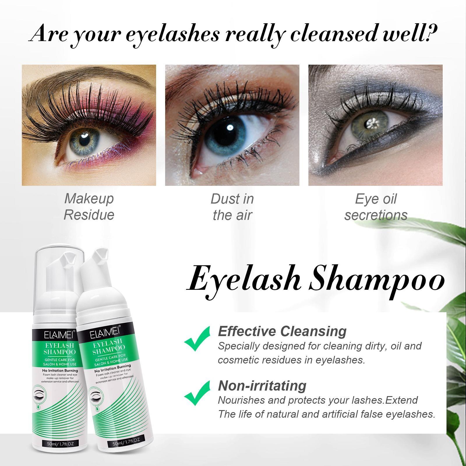 ELAIMEI Eyelash Cleansing Kit, includes 50ml of eyelash cleanser + an eyelash cleansing brush + an eyelash comb. Removes makeup residue from both false and natural lashes, leaving your lashes cleaner.