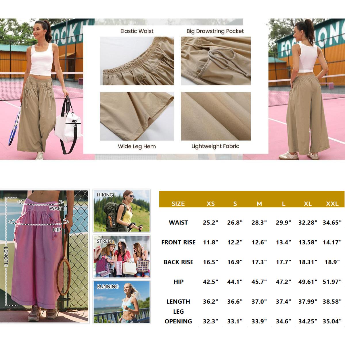 Yeokou Women's Loose Wide Leg Track Pants Boho Sport Style Drawstring Pockets Elastic Waist Capri Hiking Parachute Pants Womenswear Casual