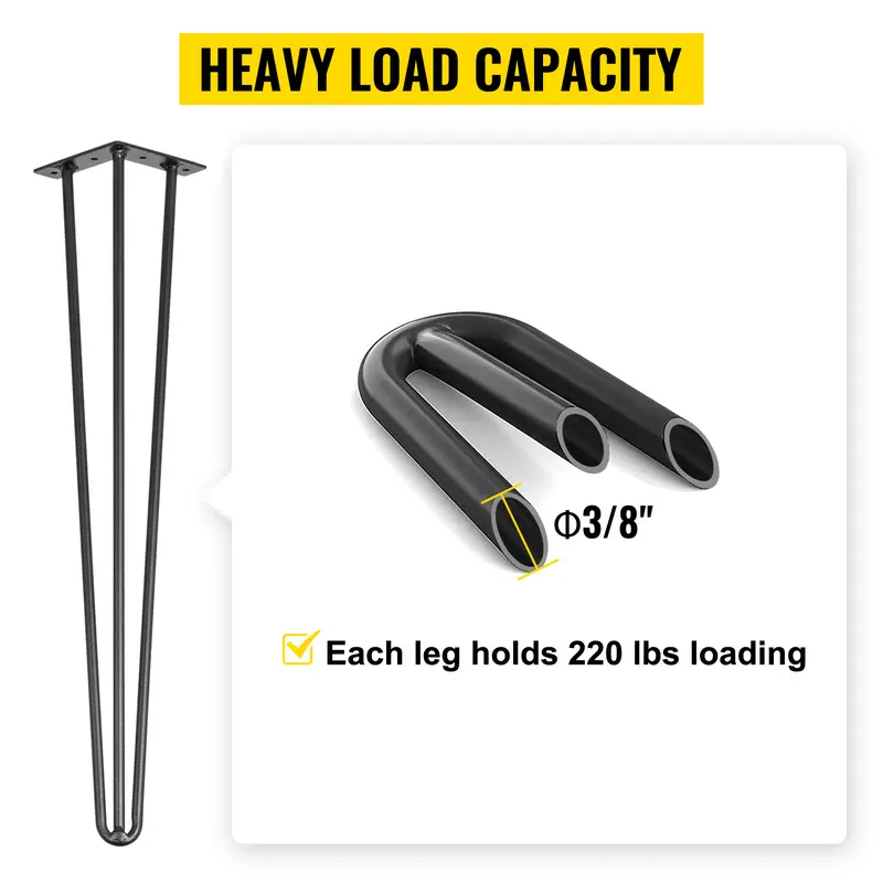 【toolupgrade】VEVOR 18-Inch Black Hair Pin Table Legs (Set of 4), 3-Rod Carbon Steel Heavy Duty Legs with 880lbs Total Load Capacity (220 lbs Each), 4 Rubber Floor Feet Floor Protectors for Desk, Bench, Dining End Table