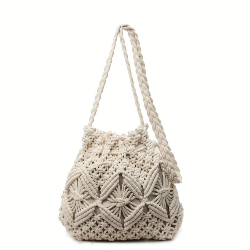 BeadBreath Woven Rope Bucket Bag, Medium Minimalist Macrame Crossbody, High-Quality Spring & Summer Shoulder Bag