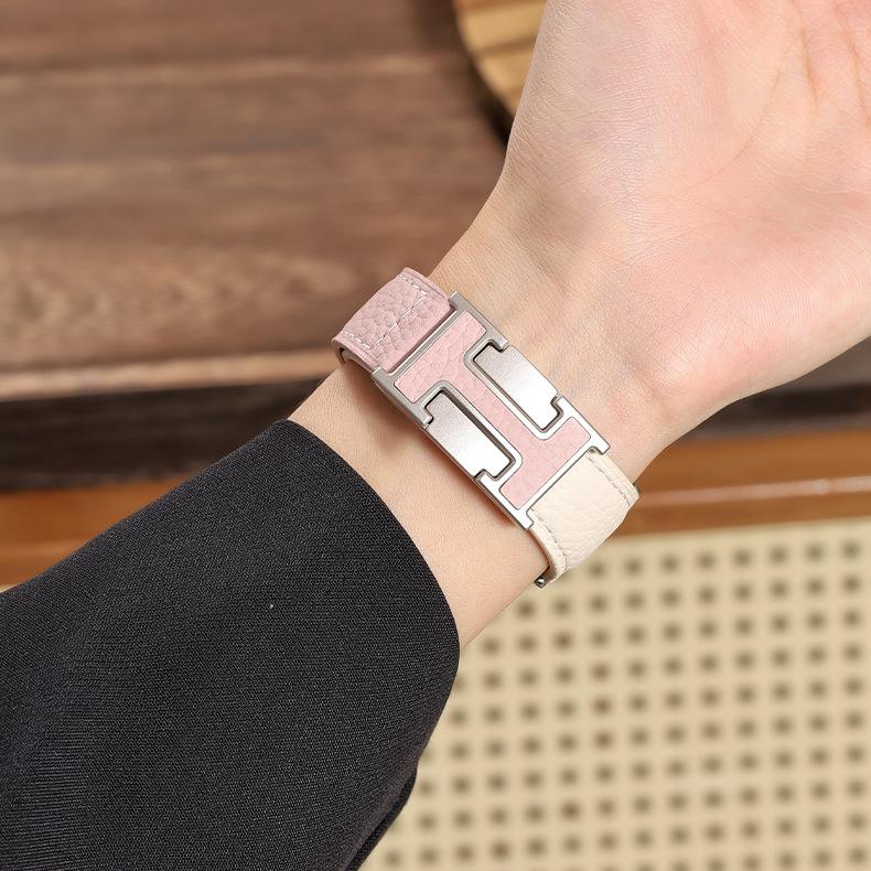 New H-Type Magnetic Buckle Lychee Pattern Leather Smart Watch Strap (38-49mm)