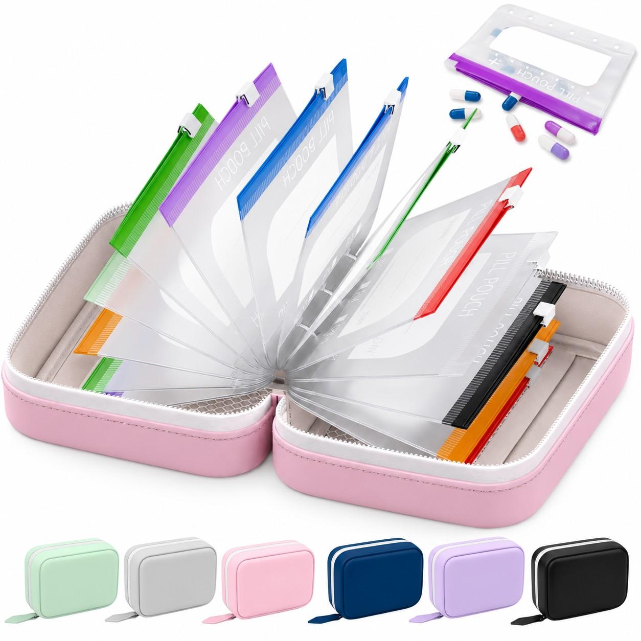Waterproof Pill Organizer and Pouch Set, Travel Medicine Organizer with 14 Color-Coded Pouches, Leakproof Reusable Zippered Storage Case, Compact Daily Pill Holder, Portable Vitamin Organizer