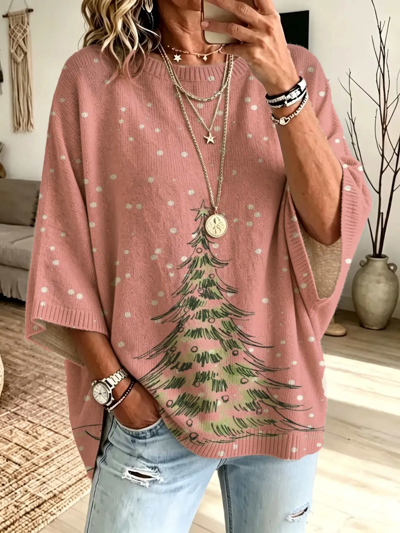 Christmas Loose Round Neck Bat Sleeve Knit Top for Women, Lazy Style Lightweight Pullover, Christmas Tree Print Sweater, Slimming Casual Vest