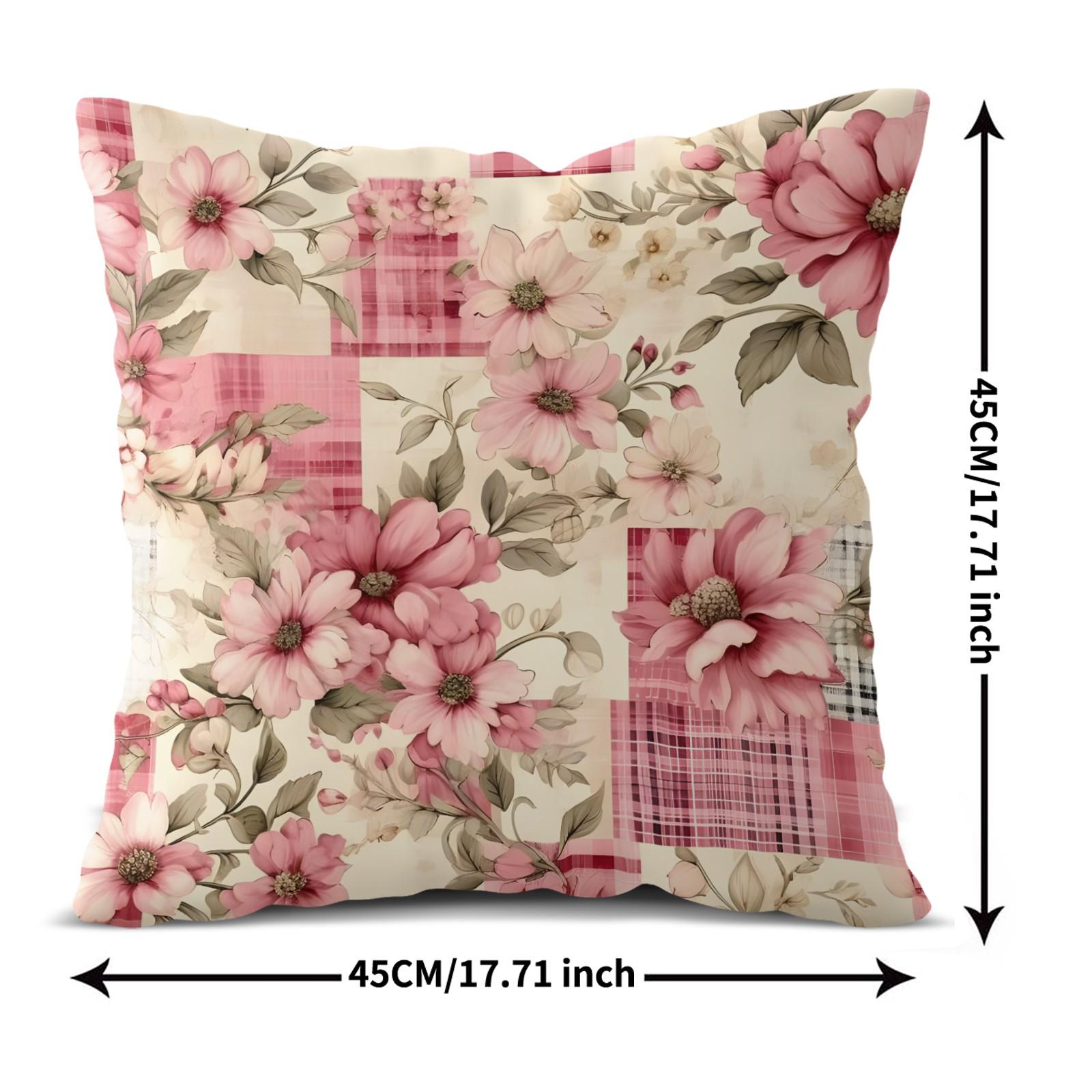 Vintage Floral Gingham Patchwork Digital Print Throw Pillow, Soft Square Decorative Accent Pillow Cushion Includes Pillow Core, Cottage Style Pillow for Sofa Couch Window Bench, Machine Washable Country Home Decor Gift for Women, Polyester Fiber Cushion