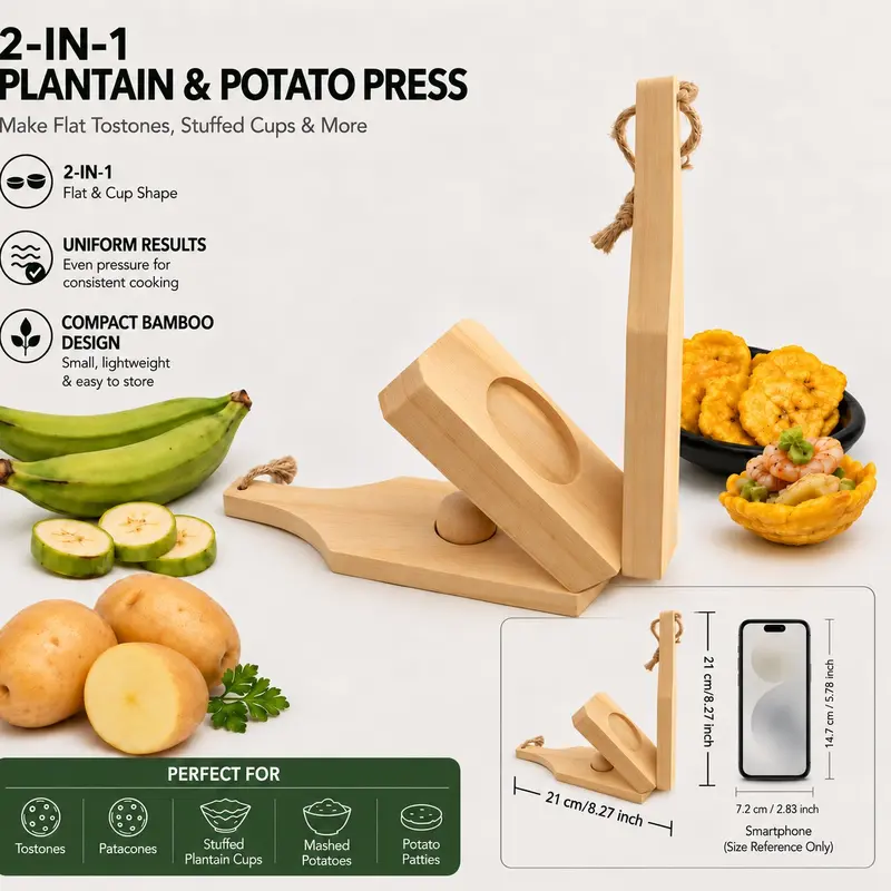 Bamboo Banana Press Mold Tostonera, Manual Tostones and Banana Cup Maker, Kitchen Gadget Gift Idea, Fruit Press
