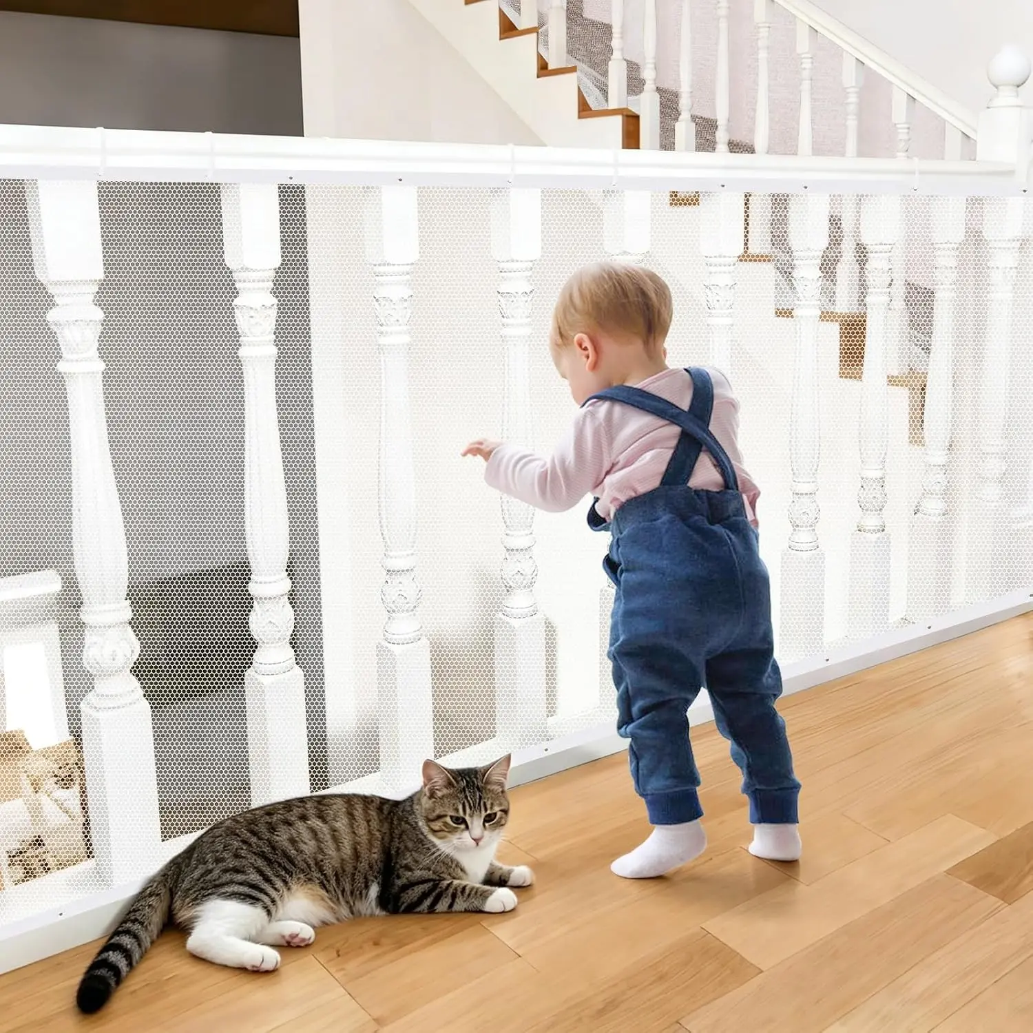 15ft x 3ft Baby Safety Net for Stairs, Balcony & Banister - No Drilling Child Proof Mesh Netting for Kids and Pets, Indoor Outdoor Stairway Railing Guard for Baby, Pets, Toys(Gift)