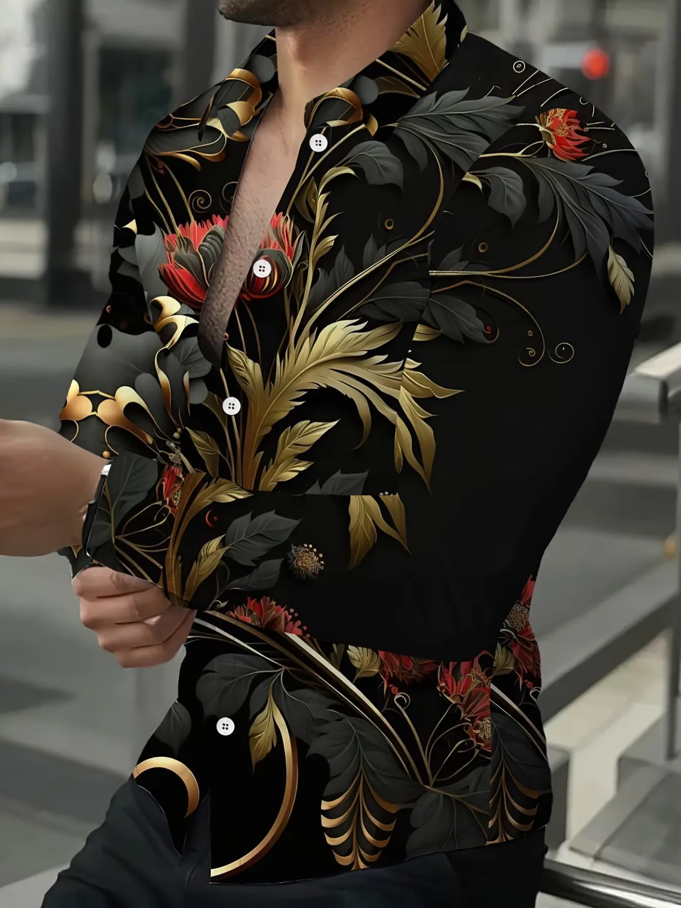 Men's Black Gold Vintage Floral Long-Sleeve Shirt, Light Luxury Dark Pattern Plant Trendy Men's Long-Sleeve Shirt