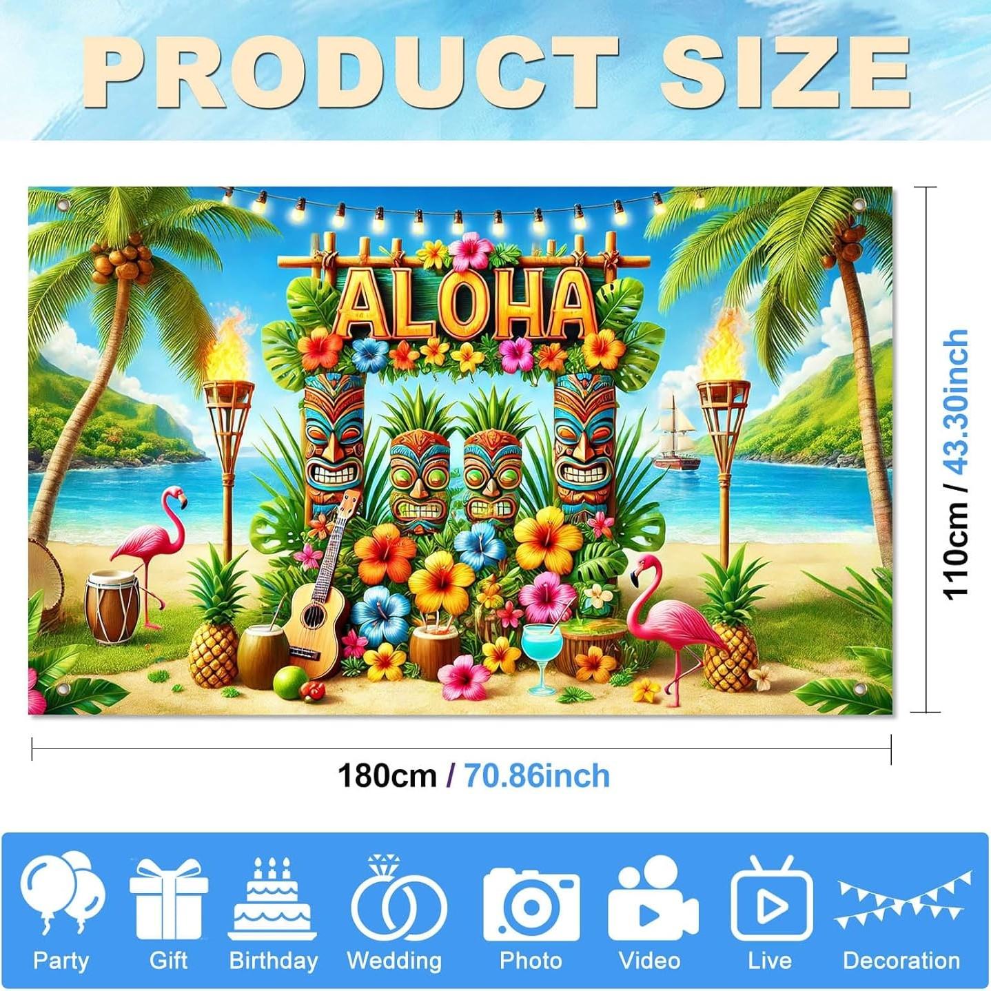 Aloha Hawaii Backdrop Banner, Beach Tropical Photography Decoration, Summer Hawaiian Flamingo Floral Palm Leaves, Party Supplies