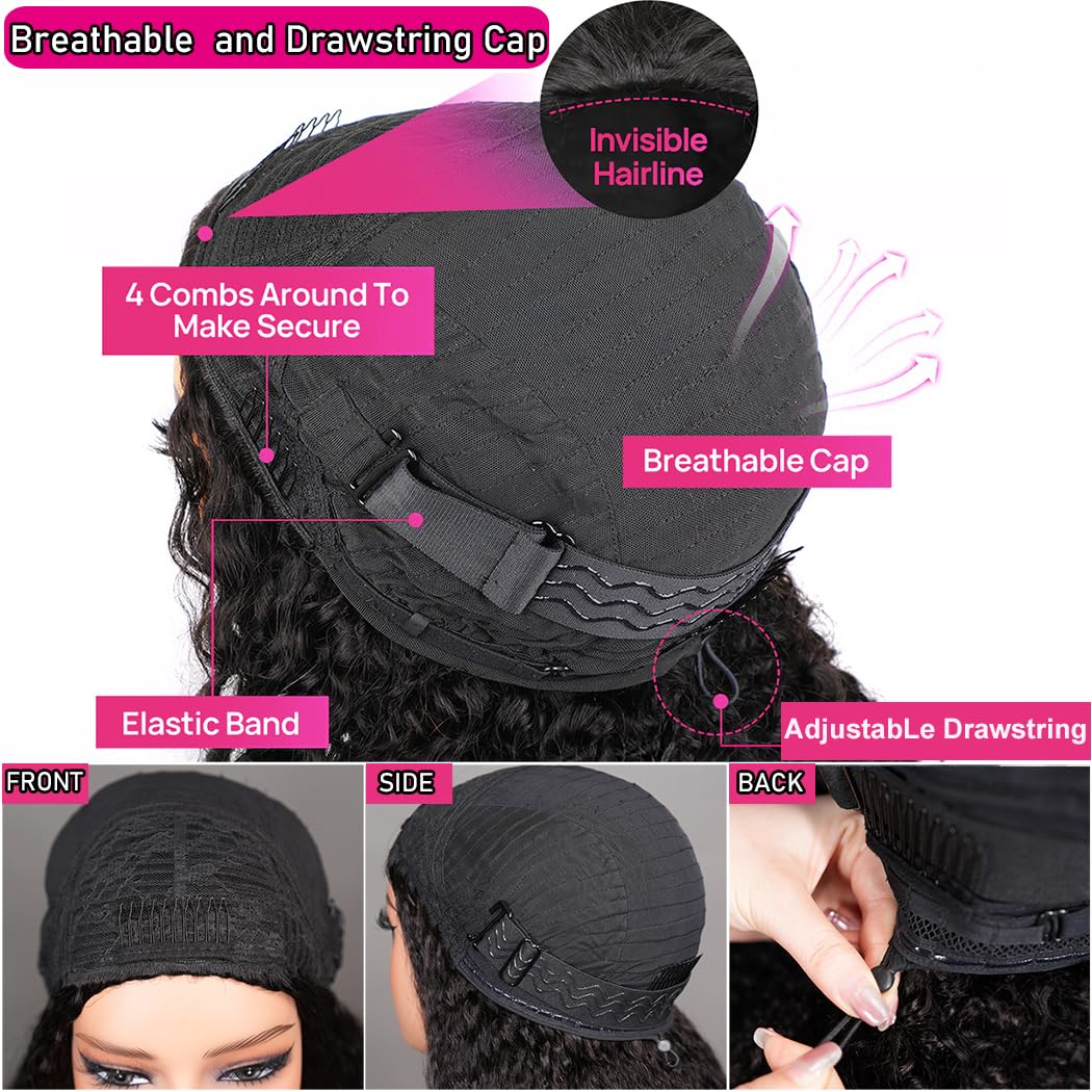 Kinky Curly Half Wig Human Hair 180 Density 3 In 1 Seamless Flip Over Half Wigs Human Hair Glueless Wear and Go Beginner Friendly Kinky Curly Wig Human Hair Drawstring Headband Wig for Women 20 Inch