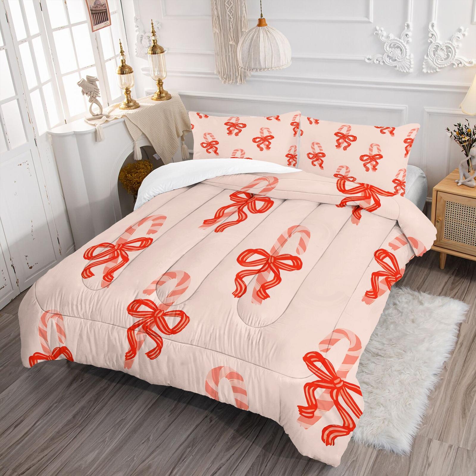 2/3 Pcs Cute Bow Knot Comforter Set, Pastel Sweet Ribbon Bedding for Bedroom, Warm Gift for Teen Girls and Women, Pillow Insert Not Included, Filling Included