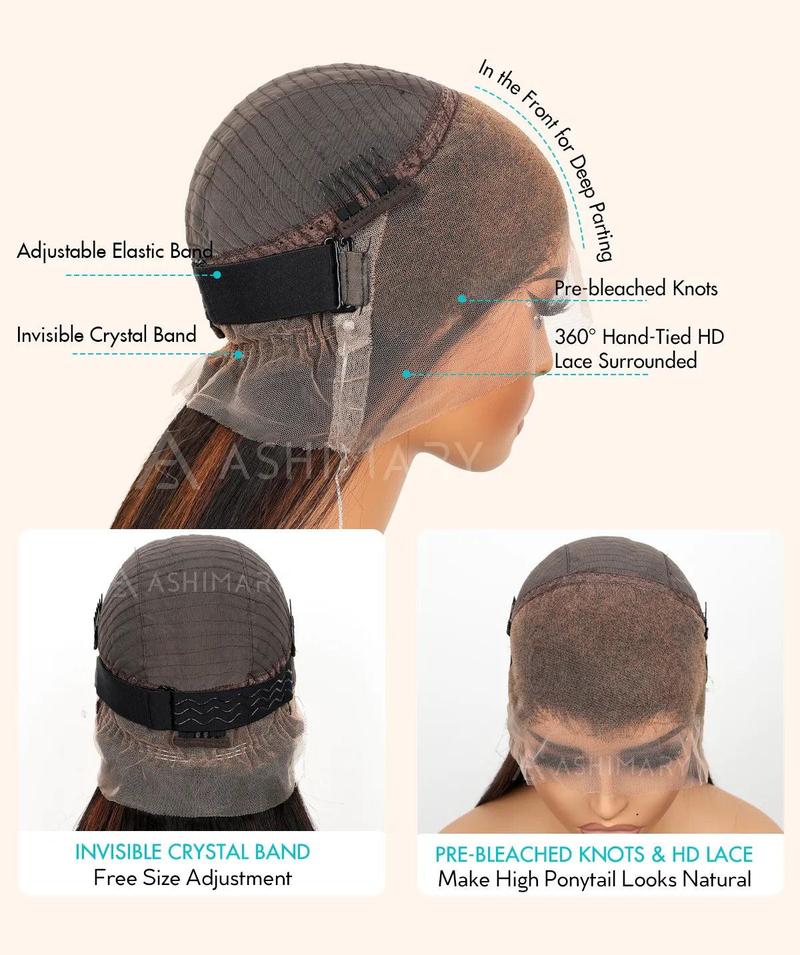 Ashimary 360 Invisi Strap Deep Wave Dark Highlight Pre Everthing 360 Lace Frontal Glueless Install Wig 180% Density Curly Hair