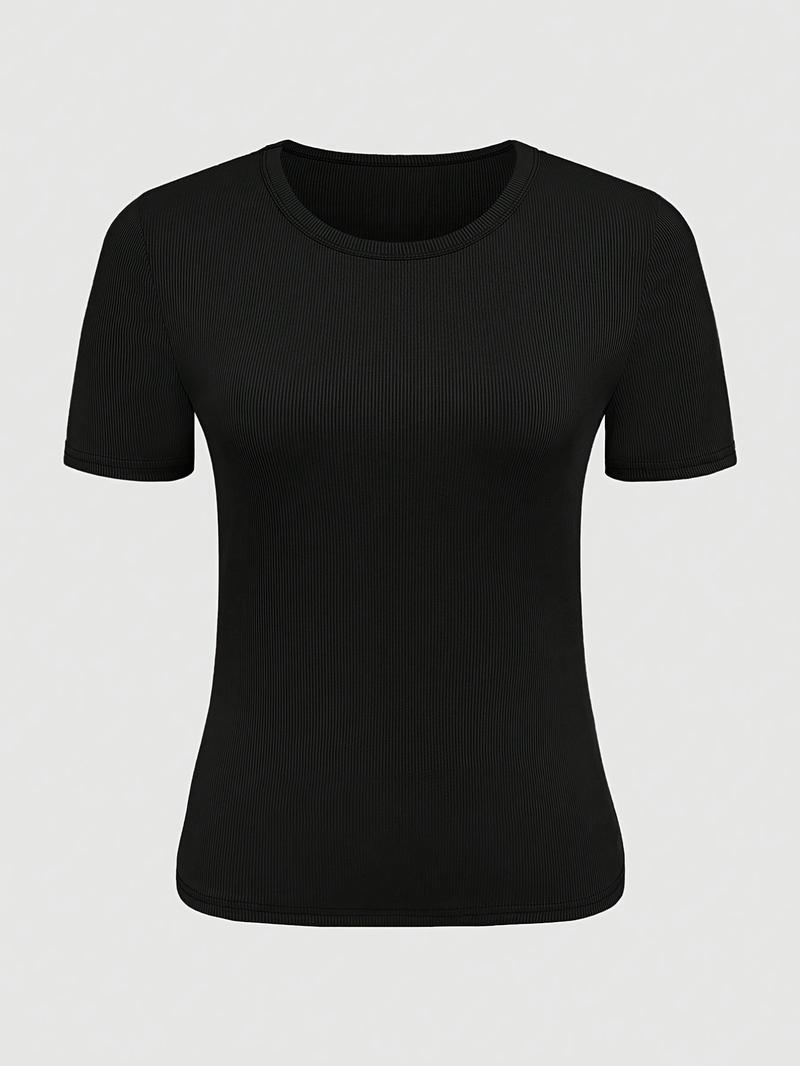 Women's Casual Slim Fit Short Sleeve Round Neck Top, 3 Piece Set, Plain Ribbed Knit, Medium Stretch, Summer & Fall Wear