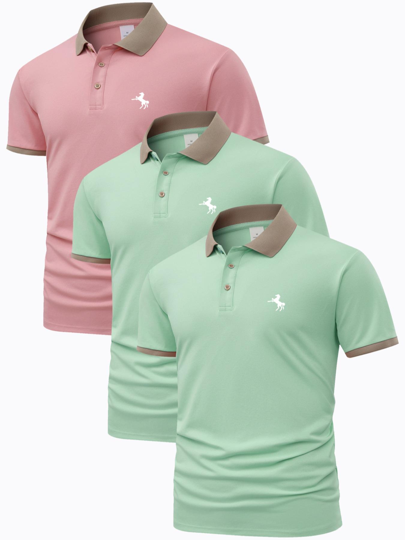 Men's Horse Pattern Polo Shirt, Regular Fit Casual Short Sleeve Button Front Polo Top for Summer, Men's Clothes for Daily Wear, Vacation Clothes, Polo Shirt Set