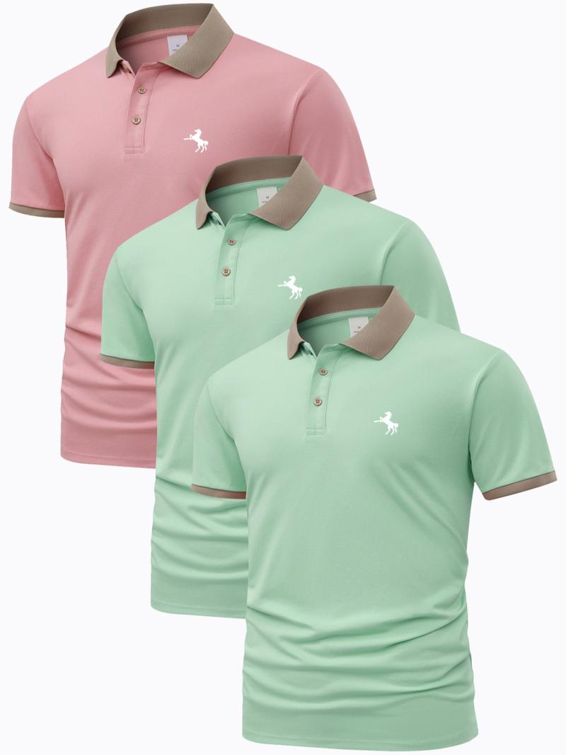 Men's Horse Pattern Polo Shirt, Regular Fit Casual Short Sleeve Button Front Polo Top for Summer, Men's Clothes for Daily Wear, Vacation Clothes, Polo Shirt Set