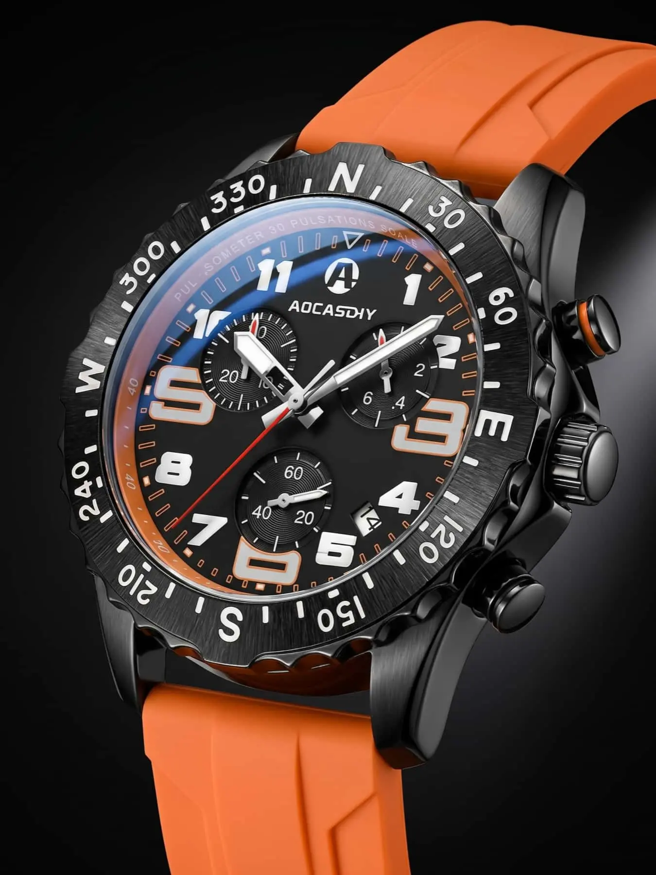 AOCASDIY Men Compass Bezel Large Dial Multi-function Chronograph Quartz Watch, 24 Hour Display Date Wristwatch, Waterproof Outdoor Sport Adventure Tactical Perfect for Active Lifestyle and All Occasions, Luminous Waterproof Watch