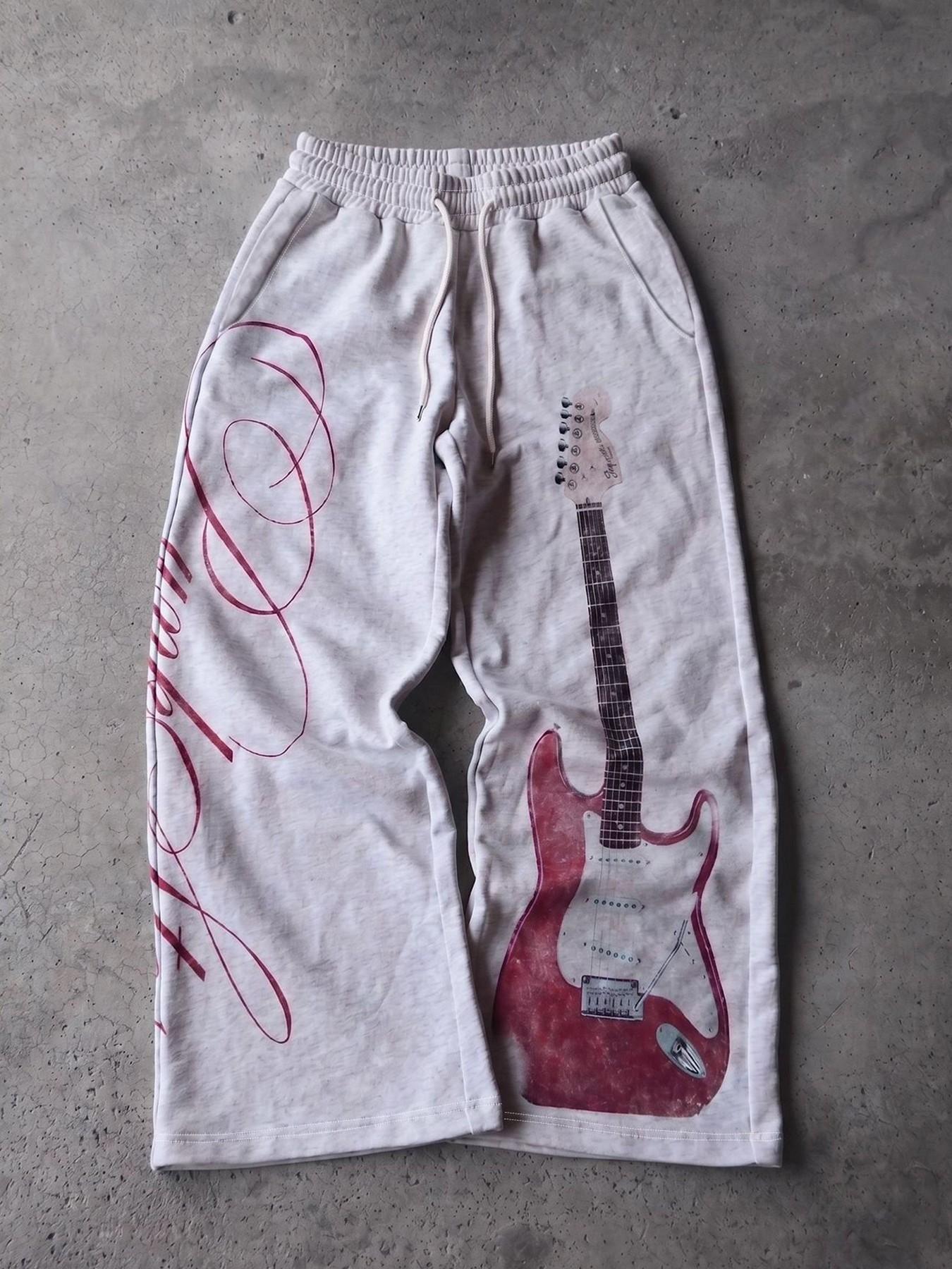 Unisex Vintage Electric Guitar Print Comfy Loose-Fit Classic Relaxed Fit Casual Pants, Classic Streetwear Style, Ideal for Daily Wear and Music Festivals