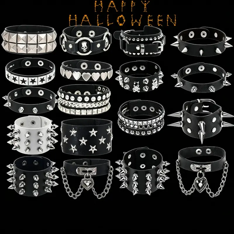 8/12/15Pcs Assorted Punk-Style PU Leather Bracelets - Men's Wide Studded Bracelets with Alloy Accents - Street Rock Jewellery - Party and Festive Gifts