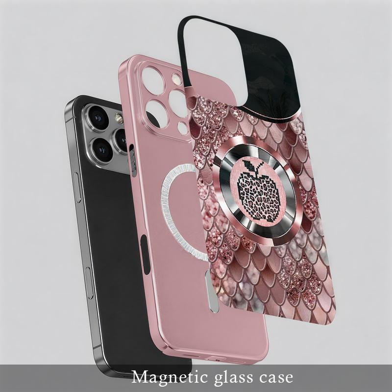 Trending “Affordable Luxury” Pink Glitter Mermaid Scale & Leopard Print MagSafe Glass Case for iPhone 14 Pro Max — 9435