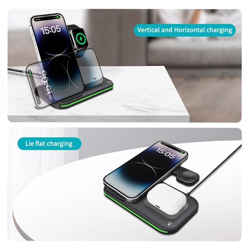 Folding 3-in-1 Wireless Charging Station 15W Fast Charger for IPhone 16-11, IWatch Ultra10-2/SE, AirPods 4-2/Pro, and Qi-compatible phones