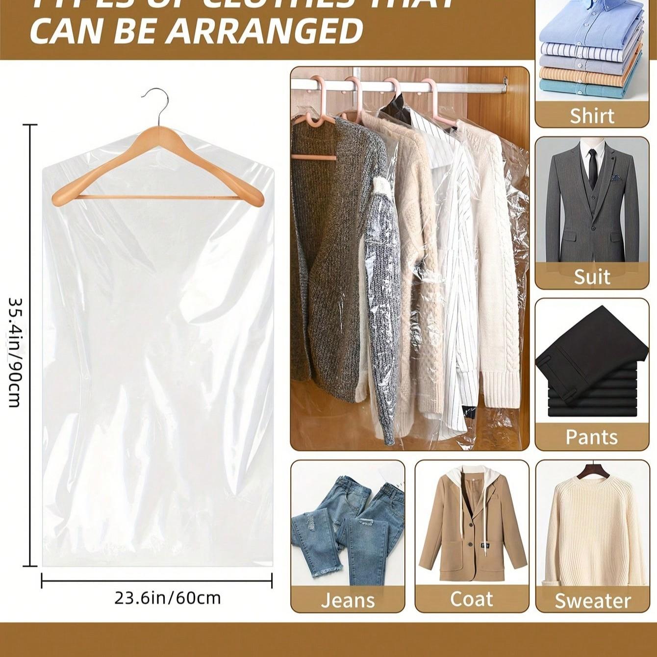 20/50pcs Transparent Plastic Bags for Dry Cleaning Stores, Dustproof Hanging Clothing Bags, Clothes Storage Bag, Home Shop Use, 6 Sizes Available