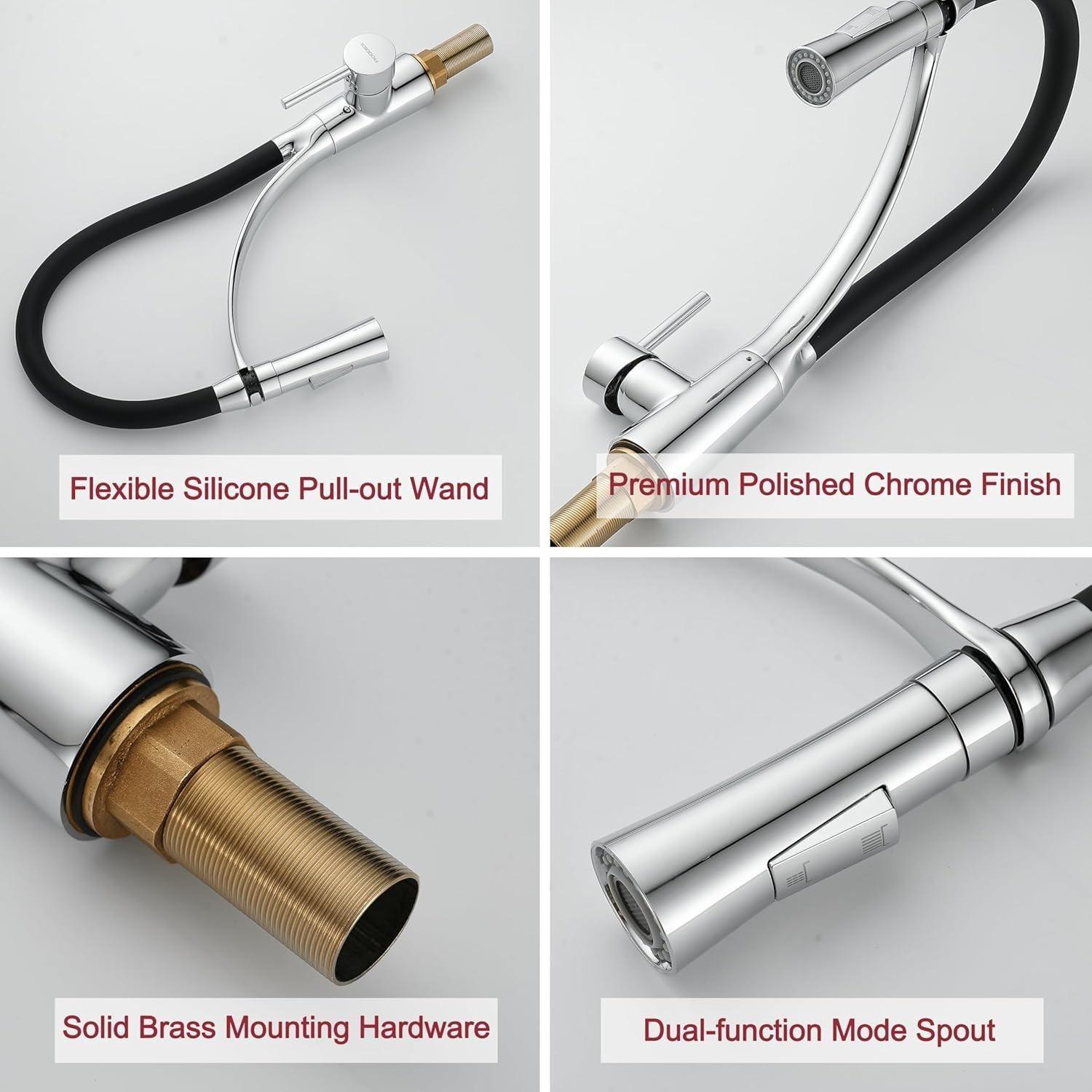 Extractable Kitchen Faucet Flexible Silicone Sprayer, Single Handle Pull-Down Brass Goose Neck, Modern High Arc, Polished Chrome Rubber Nozzle Hose